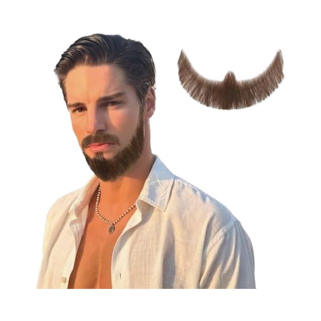 Soft Hand Knotted Human Hair Mustache Realistic Fake Full Beard Lace Base for Adults Small Cap Size for Parties Cosplay Costume