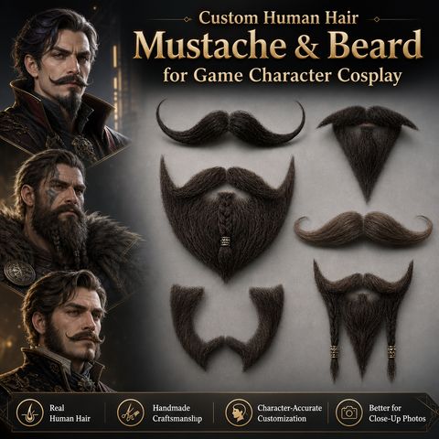 Custom Handmade Realistic Curly Thick Brown Mustache Human H view 8