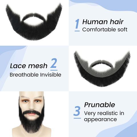 100% Human Hair Mustache Complete Full Chin Hair Beard Handm view 4