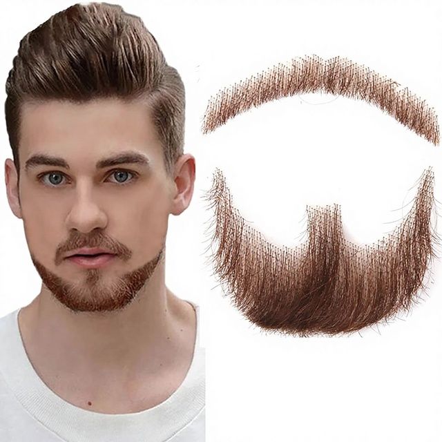 Beard & Mustache Set Realistic 100% Human Hair Hand-Tied Invisible Lace Reusable Goatee with Mustache Halloween Cosplay